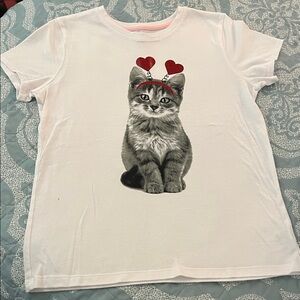 Girls Cute Cat Graphic T-Shirt - White and Gray